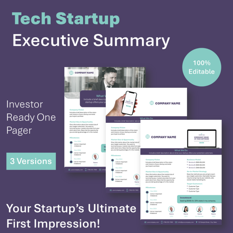 Technology Tech Startup Executive summary one pager for to give investors